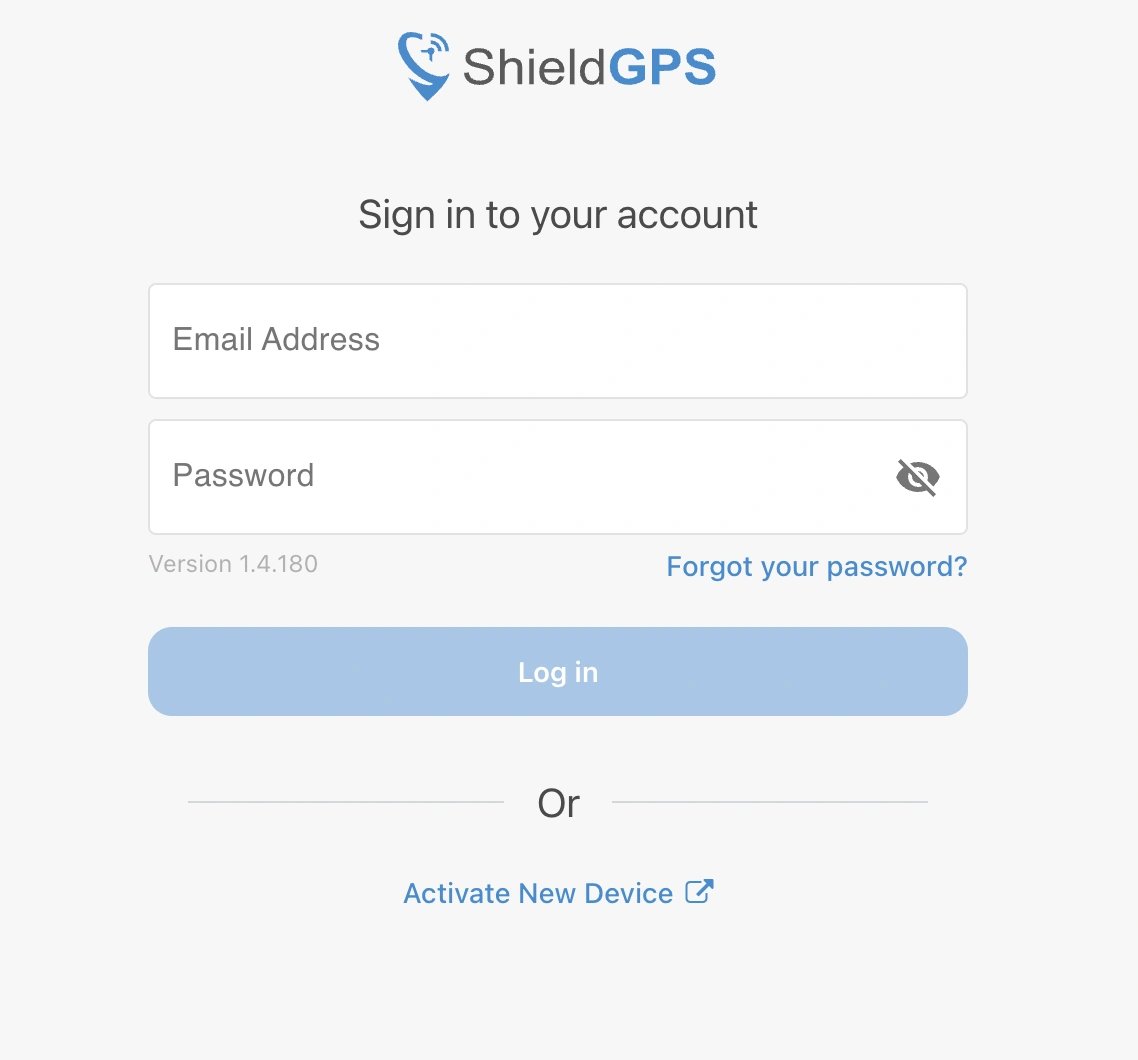 ShieldGPS login screen with email address, password, password reset, and device activation options
