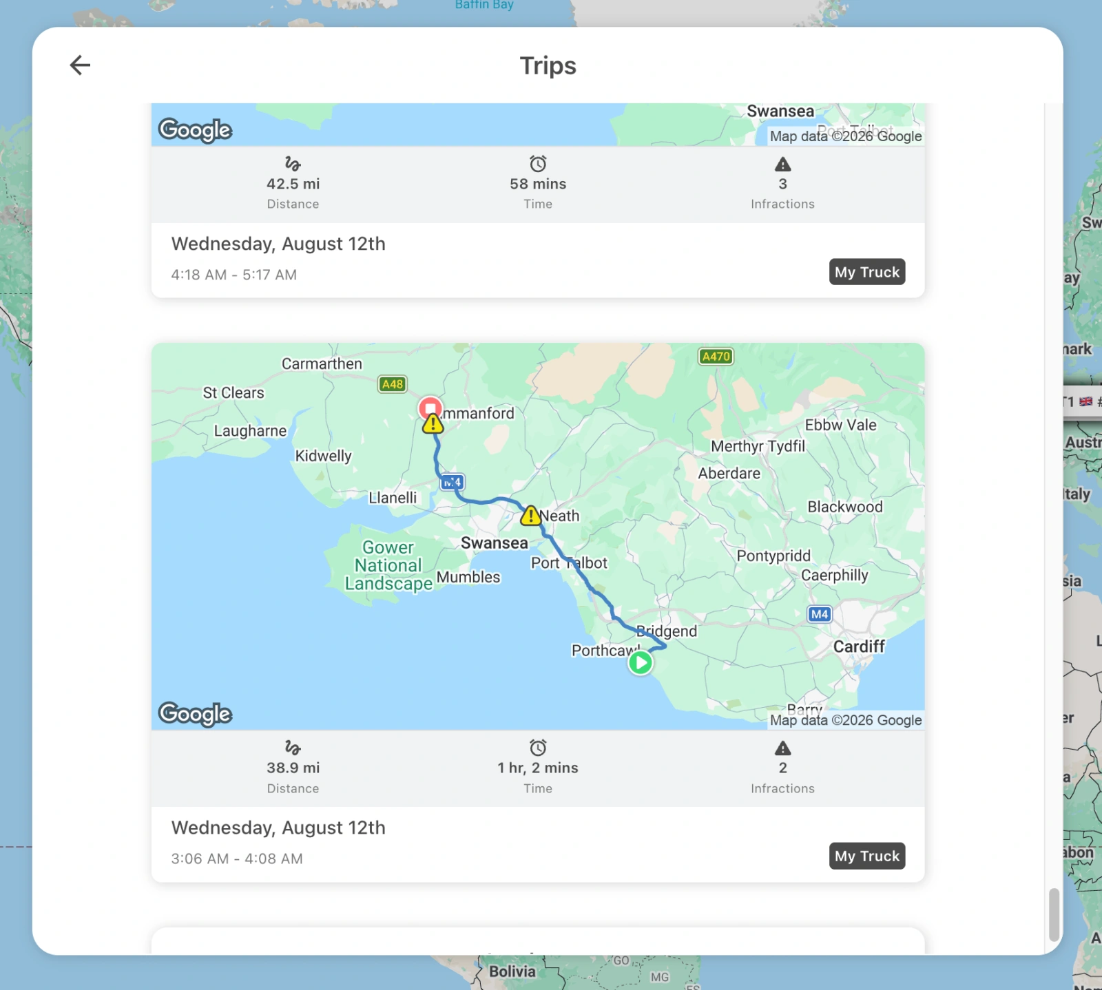 ShieldGPS Trips screen showing recorded journeys with route maps, distance, duration, and driving infractions