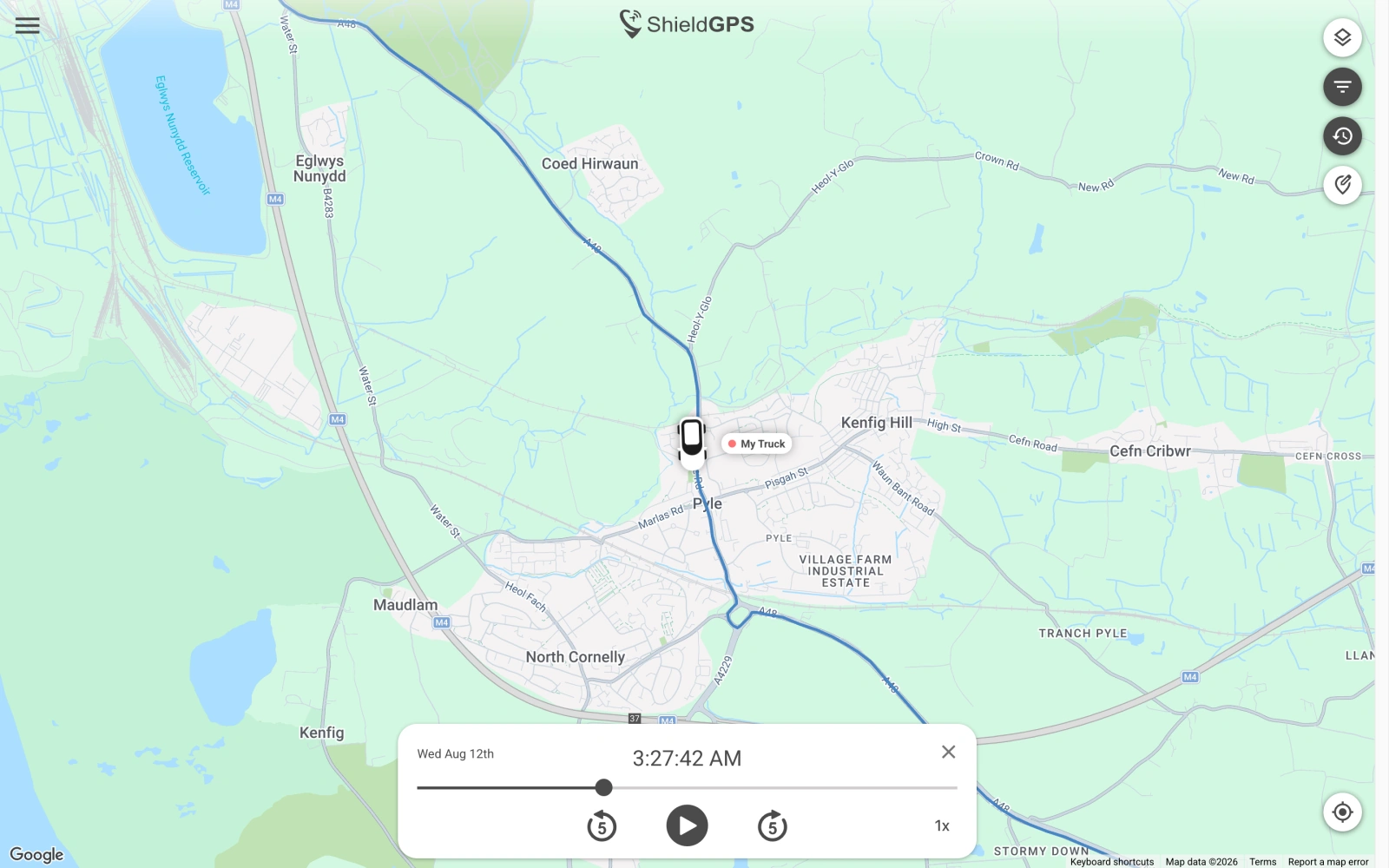ShieldGPS route playback map showing a recorded journey, vehicle position, timeline, and playback controls