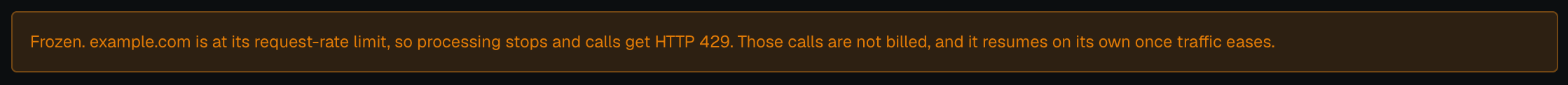 The frozen banner on Integration > Install in the analytics dashboard in the dark theme: Frozen. example.com is at its request-rate limit, so processing stops and calls get HTTP 429. Those calls are not billed, and it resumes on its own once traffic eases.