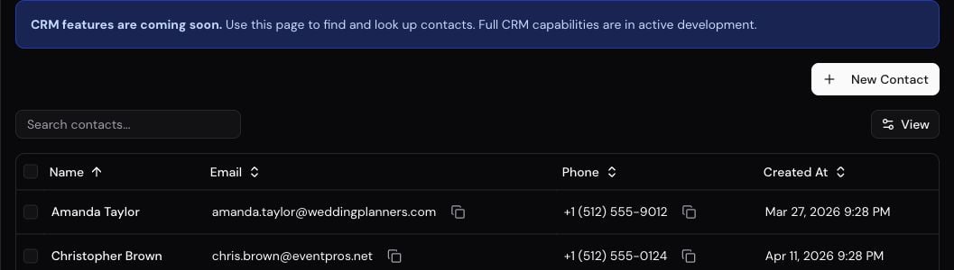 Contacts list with search, copy actions, and contact rows