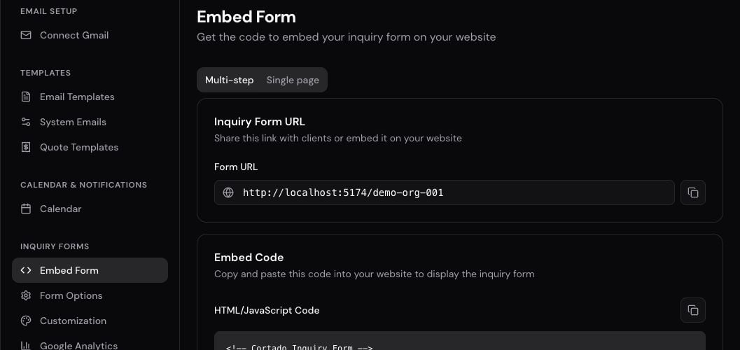 Embed Form settings with the hosted form URL and website embed code