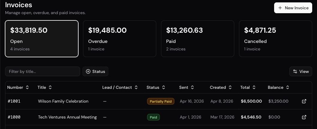 Invoices overview with status totals and the invoice table