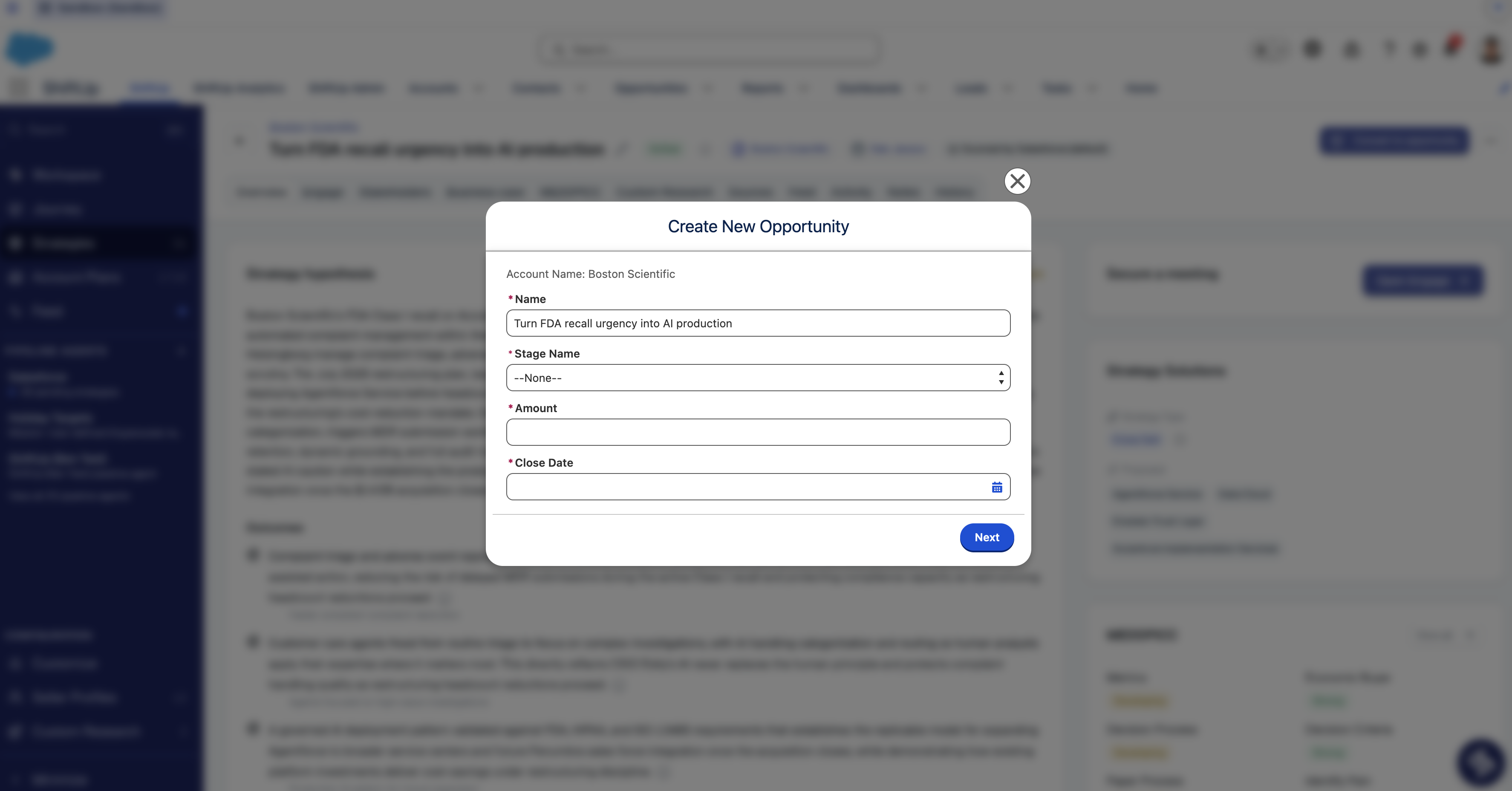 The standard ShiftUp Convert to Opportunity screen