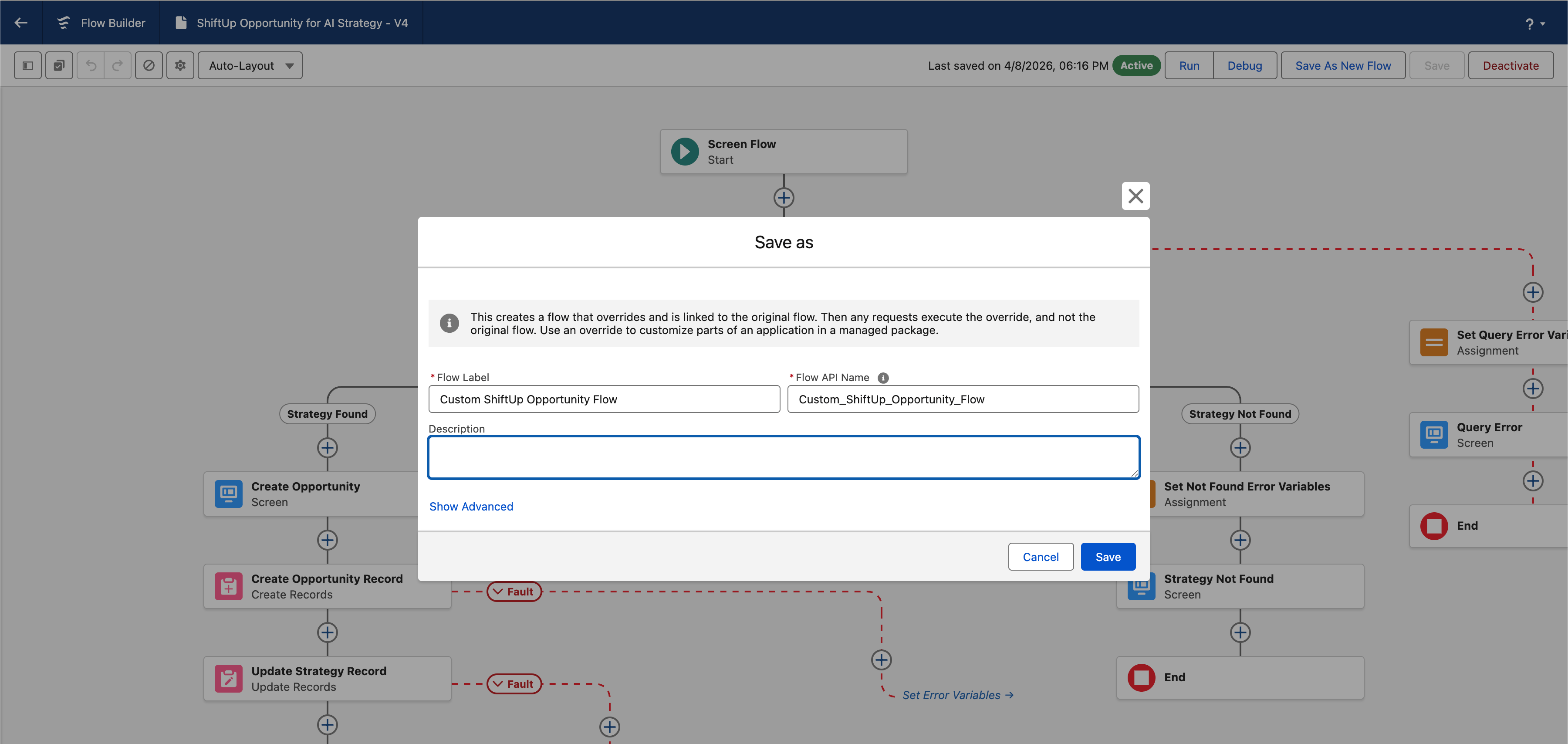 Name and save the custom Opportunity conversion flow