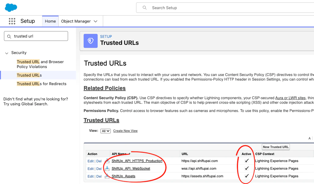 Trusted URLs setup page showing the three required ShiftUp entries