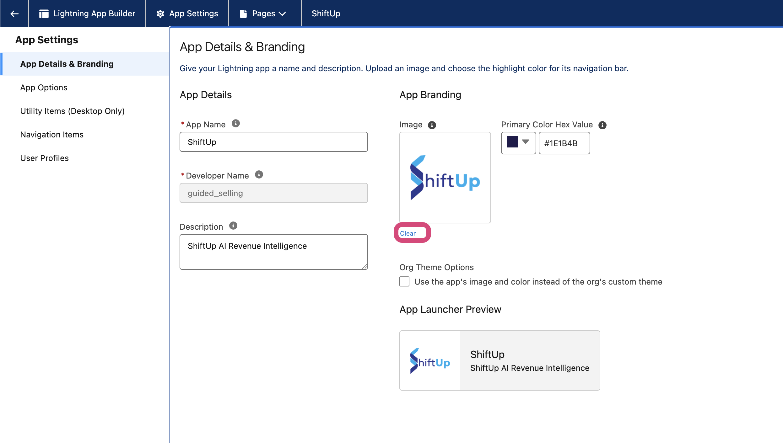 App Details & Branding page with the Clear link below the current logo highlighted