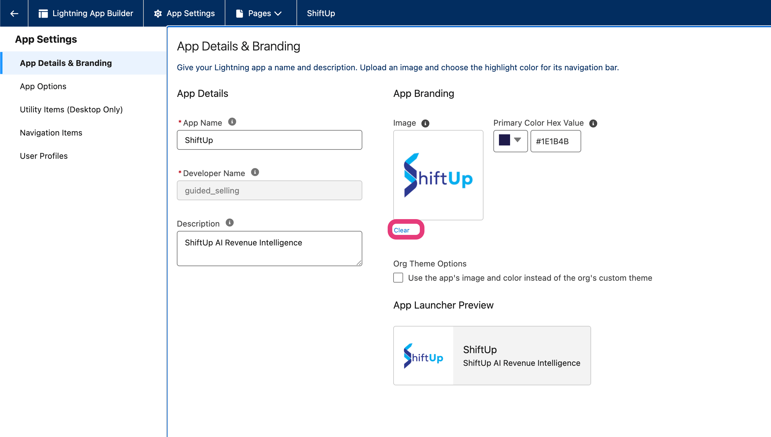 App Details & Branding page with the Clear link below the current logo highlighted