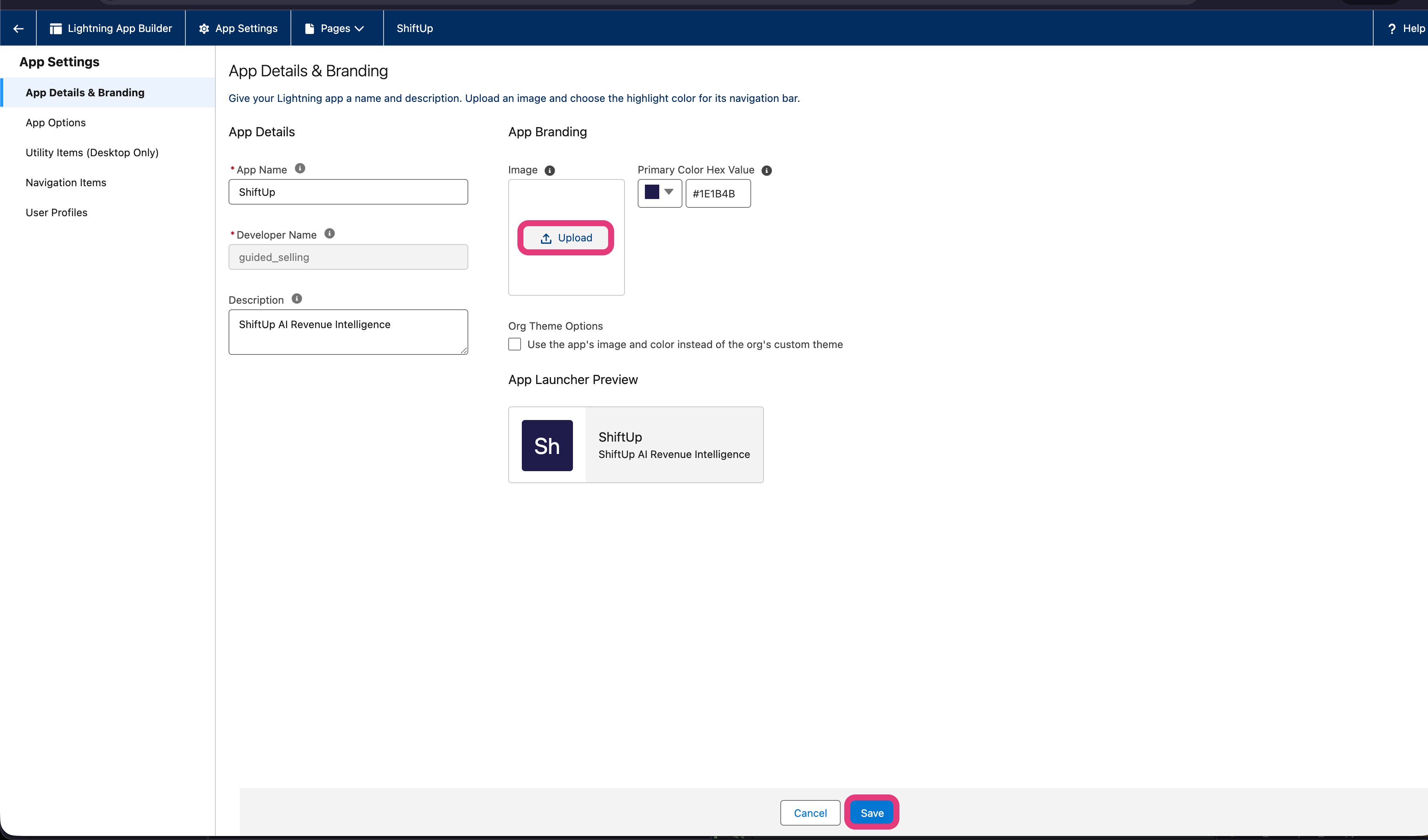 App Details & Branding page with the Upload button highlighted
