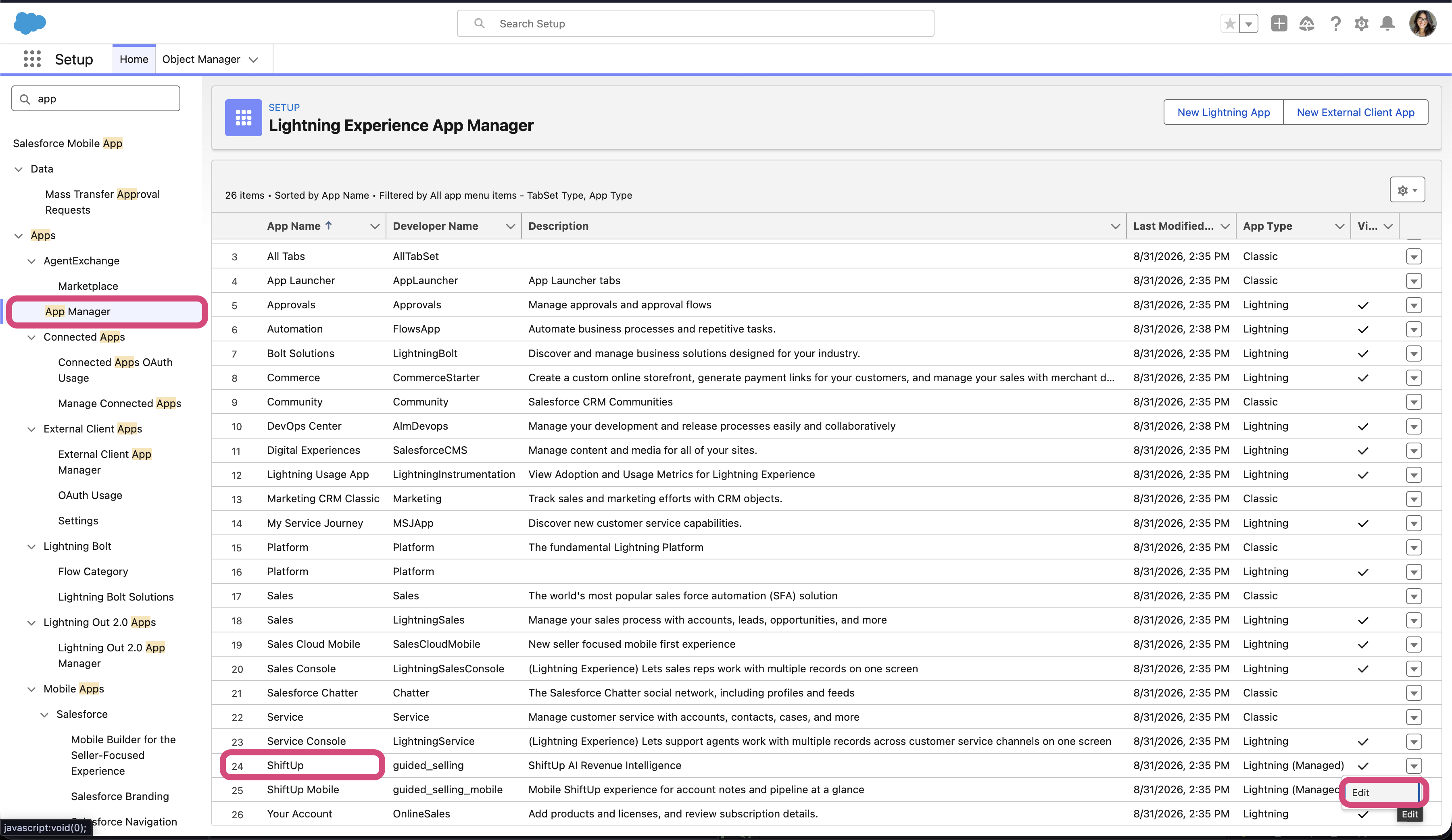 App Manager in Salesforce Setup with the ShiftUp app row and Edit action highlighted