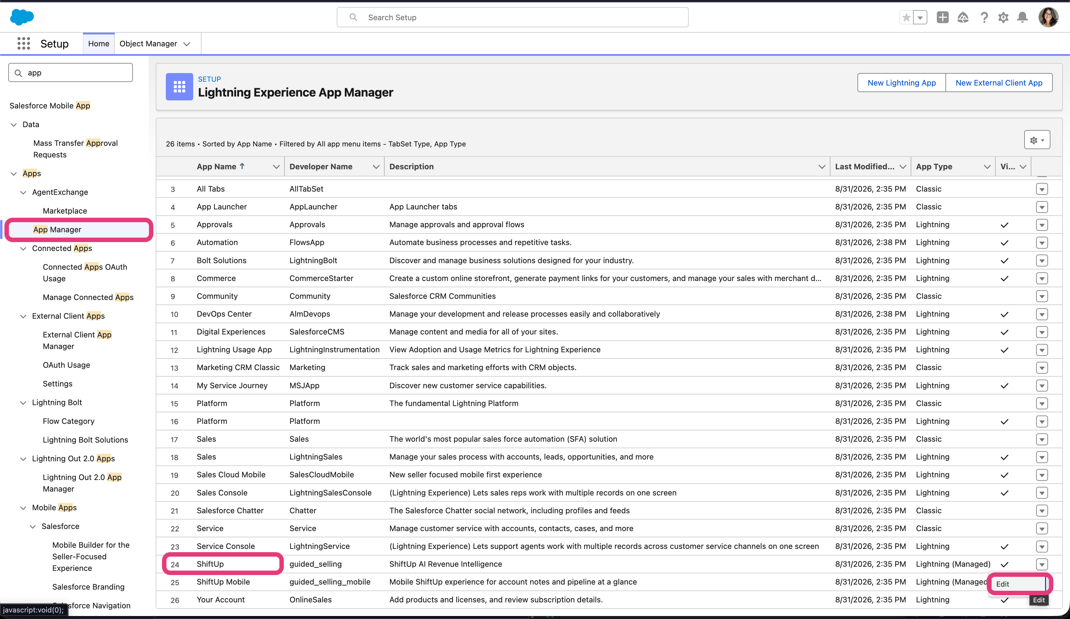 App Manager in Salesforce Setup with the ShiftUp app row and Edit action highlighted