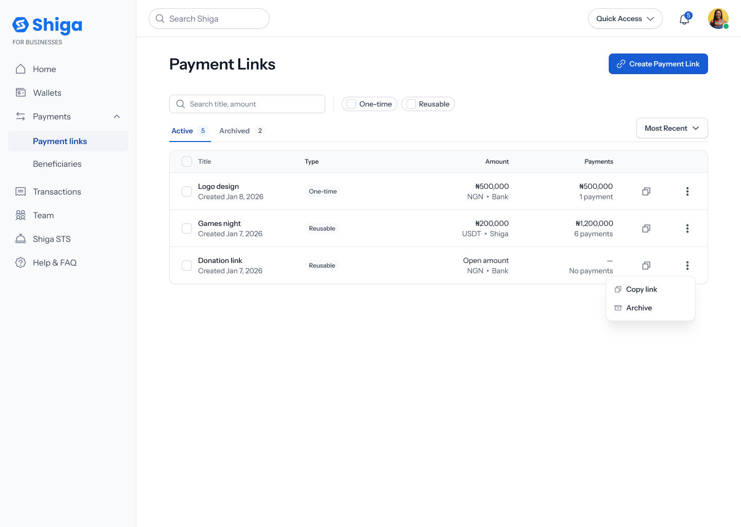 Payment Links list