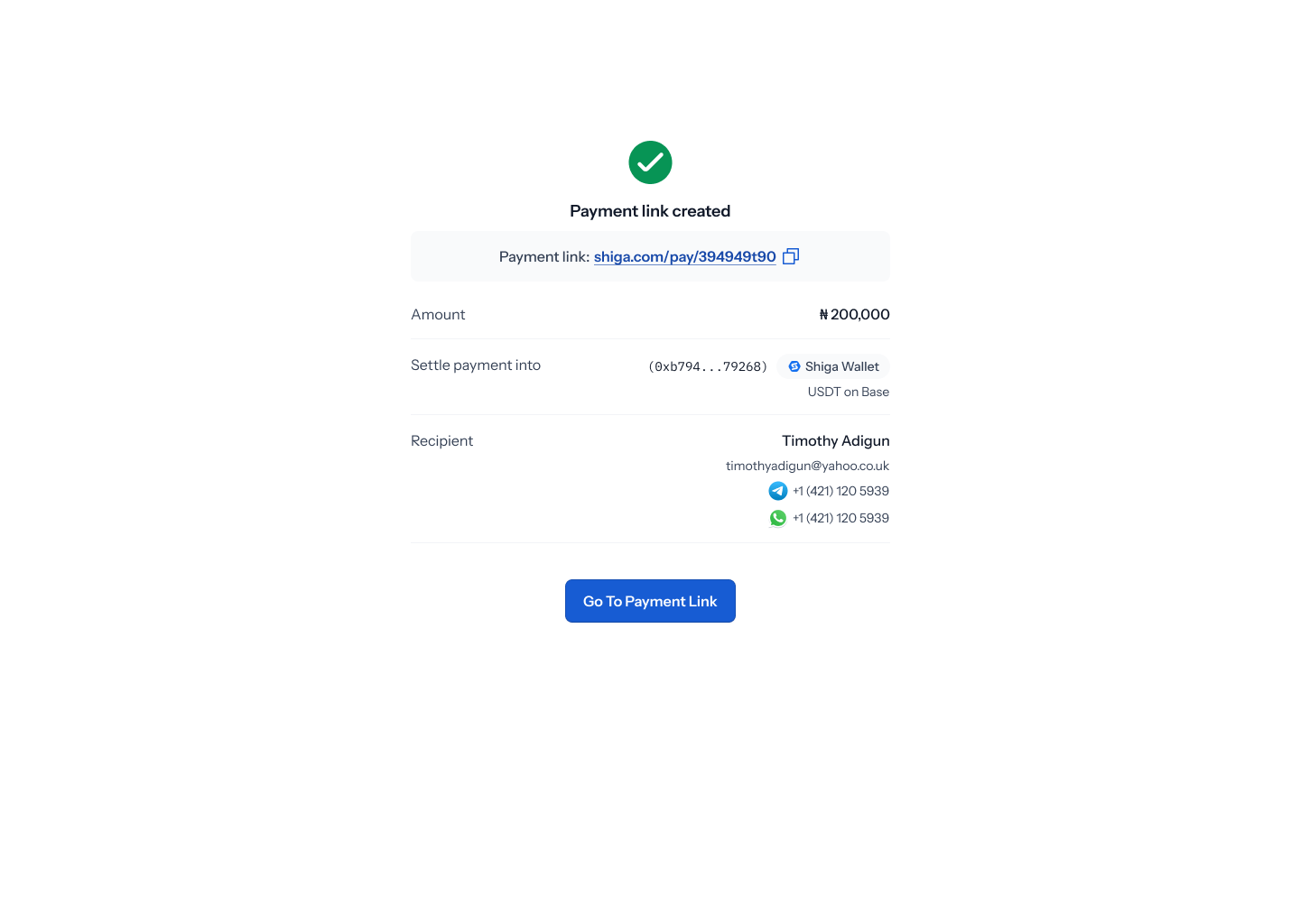 Payment link created