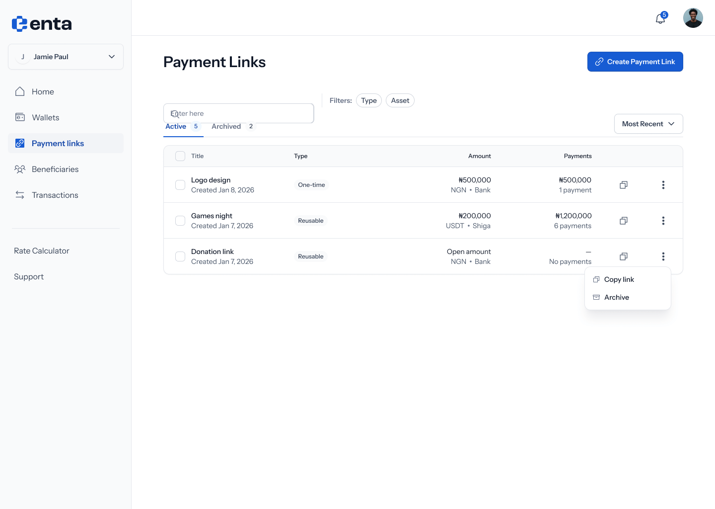 Options menu on a payment link
