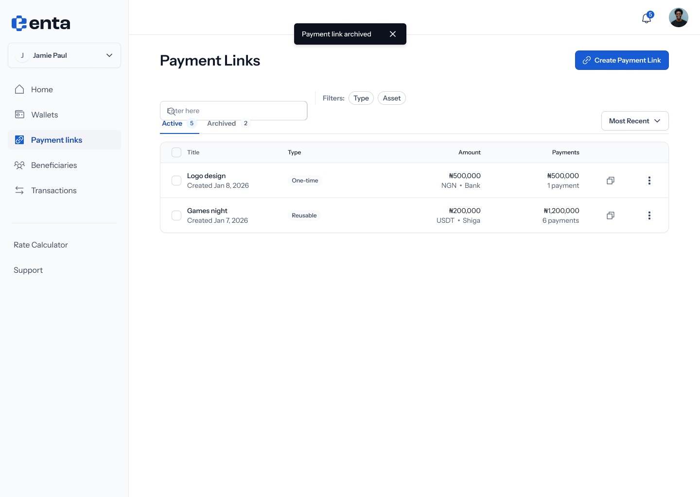 Payment link archived toast