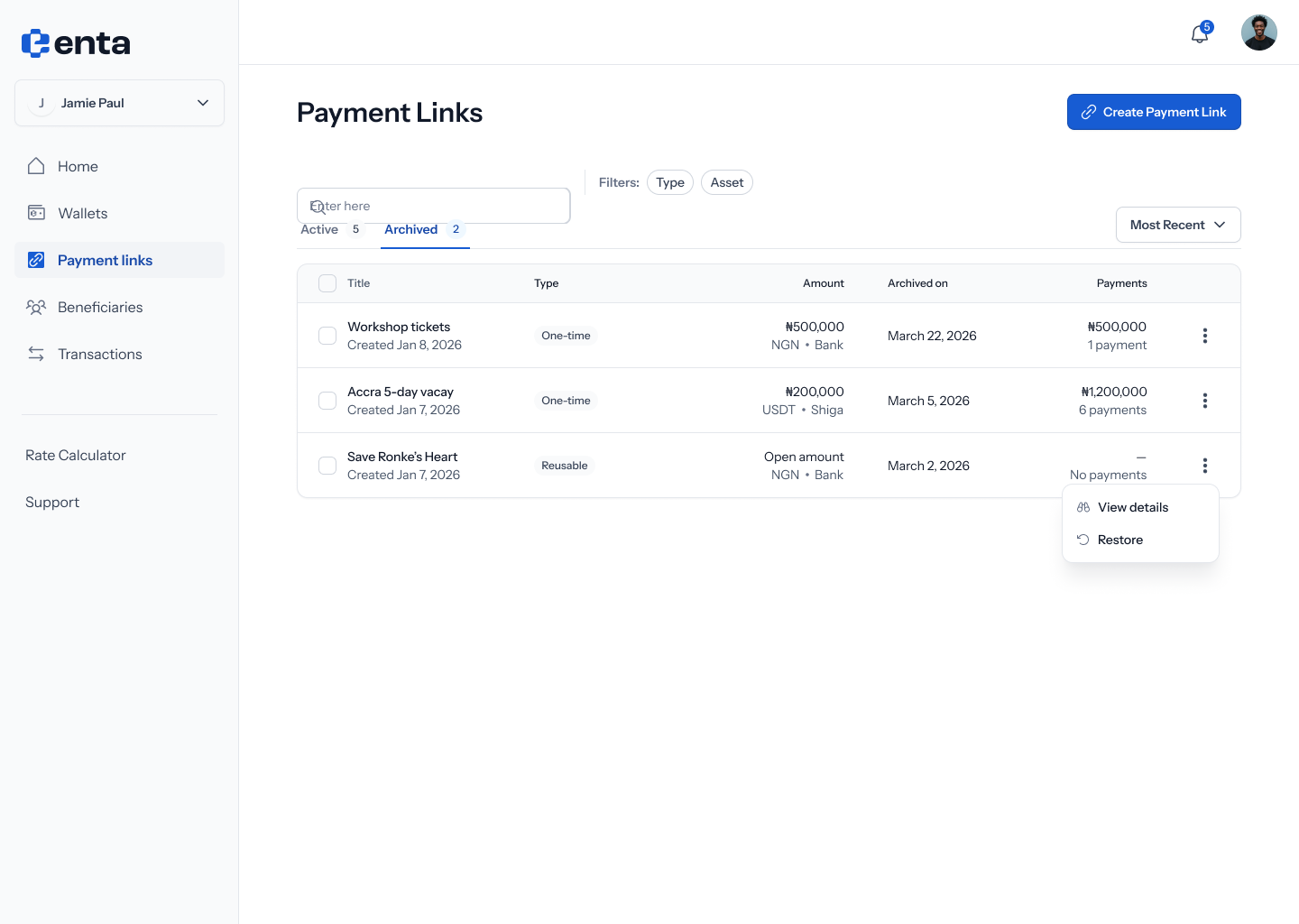 Options menu on an archived link