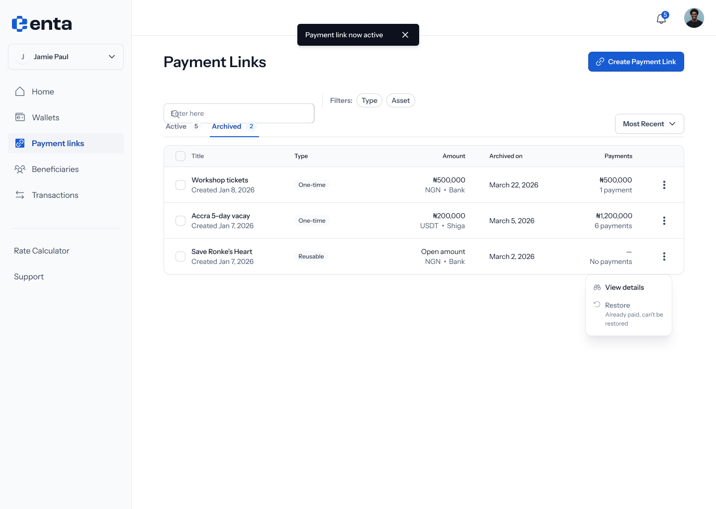 Payment link restored toast