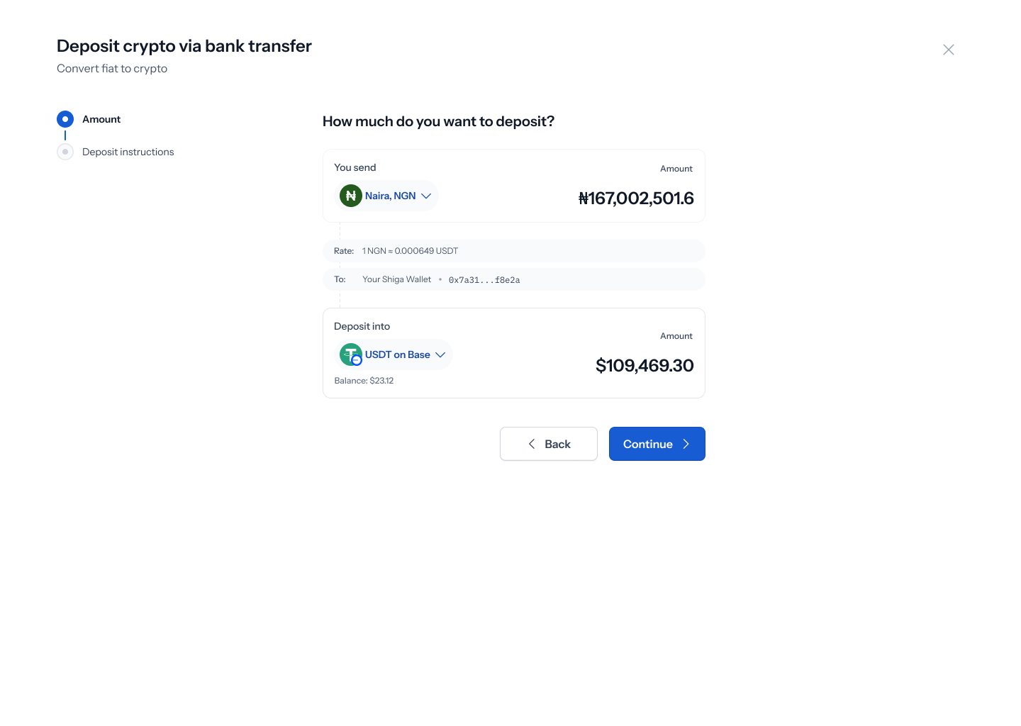 Amount step — filled with Naira