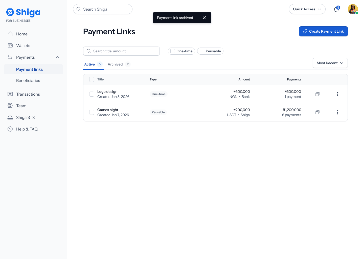 Payment link archived toast