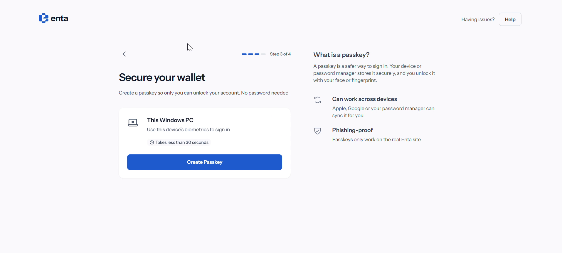 Secure your wallet screen with the Create Passkey button