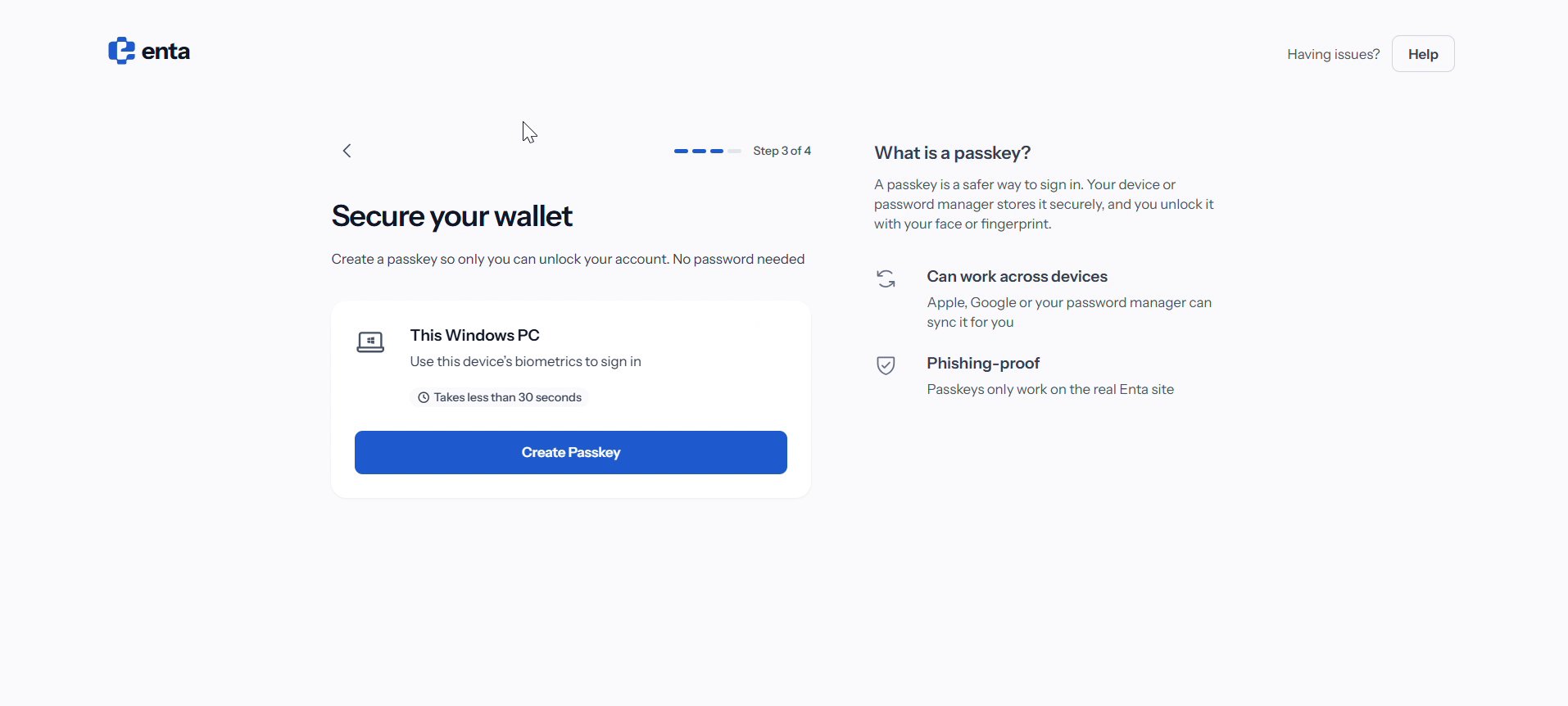 Secure your wallet screen with the Create Passkey button
