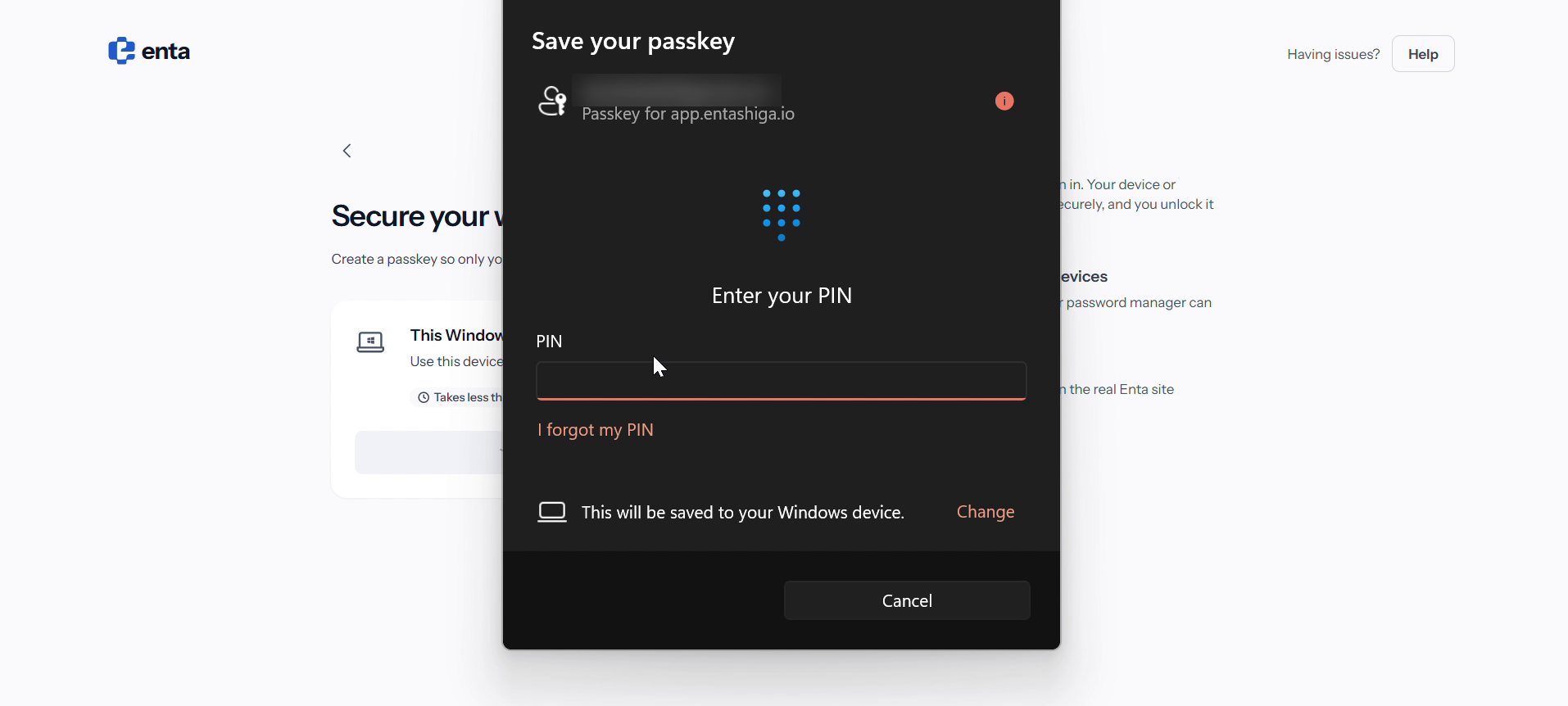 Windows security prompt asking for a device PIN