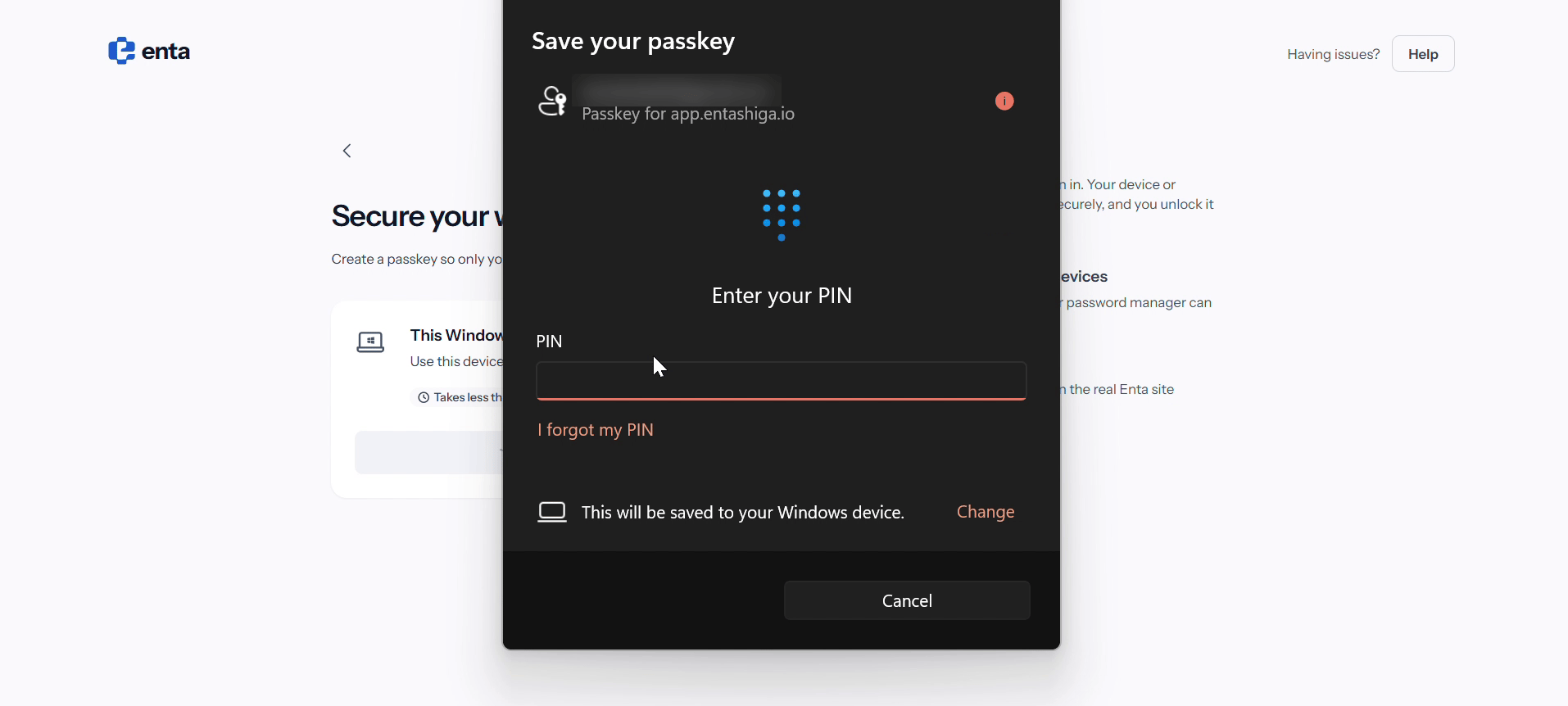Windows security prompt asking for a device PIN