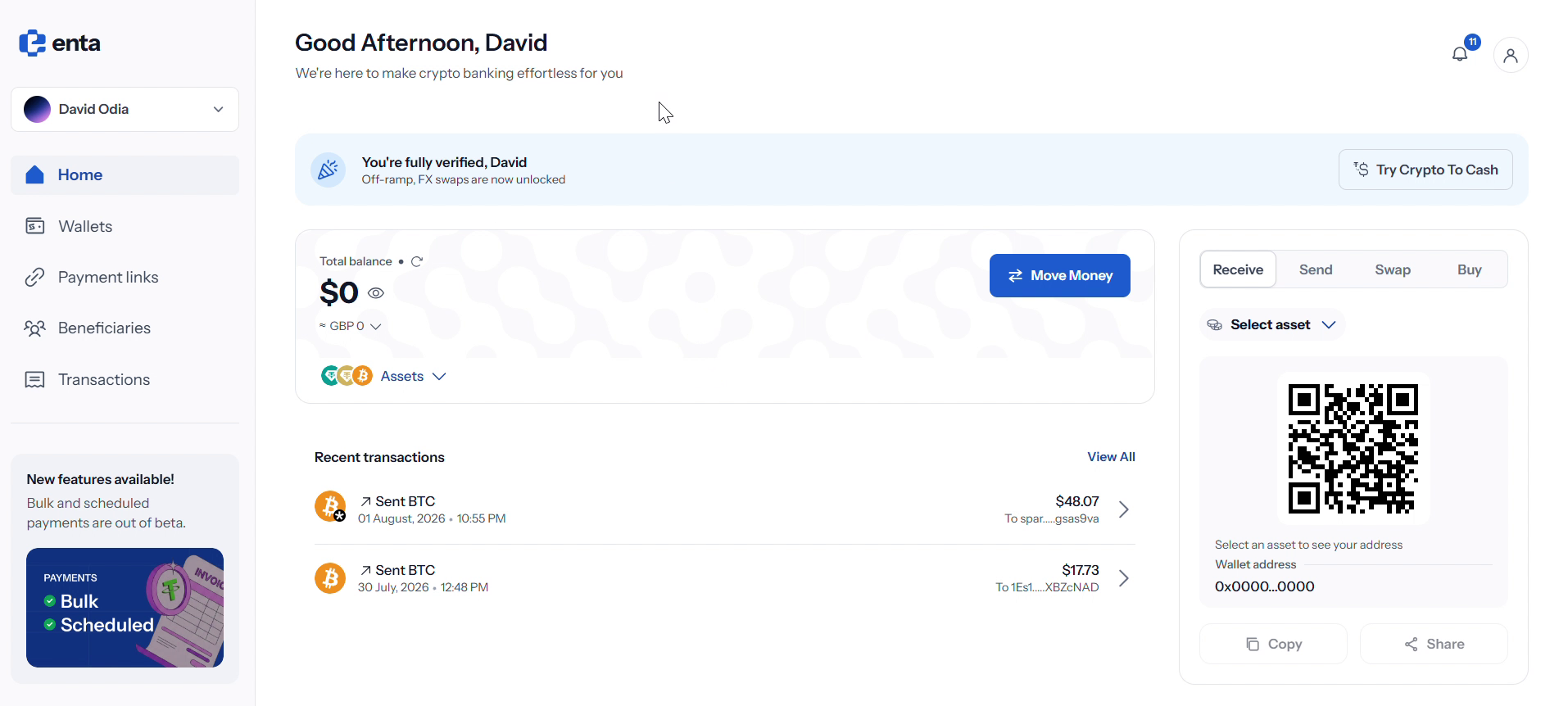 Enta dashboard confirming the account is fully verified
