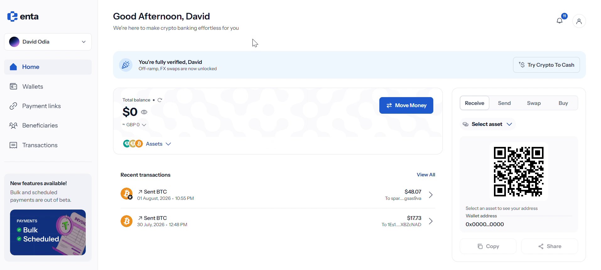 Enta dashboard confirming the account is fully verified
