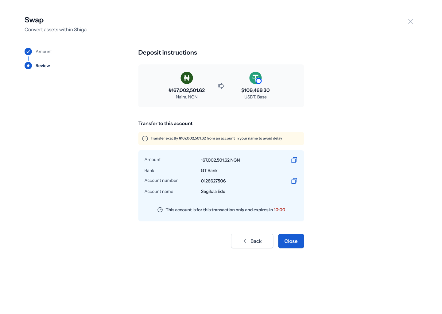 Deposit instructions with bank details