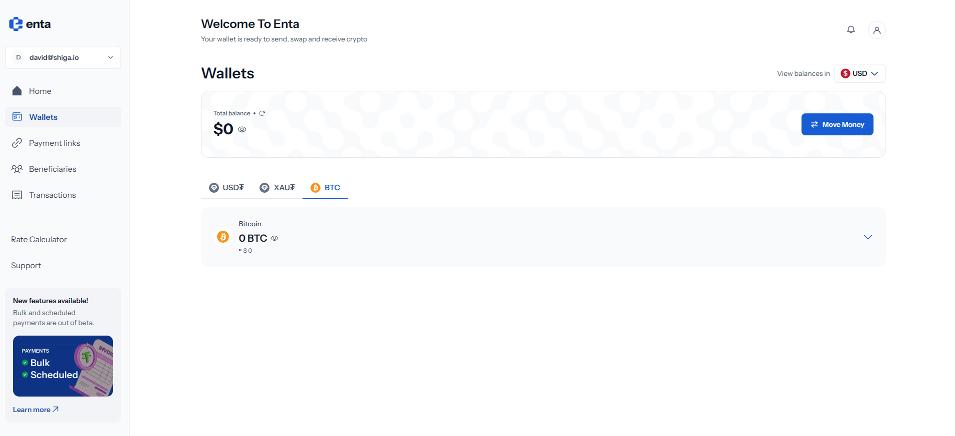 The BTC tab on the Wallets page