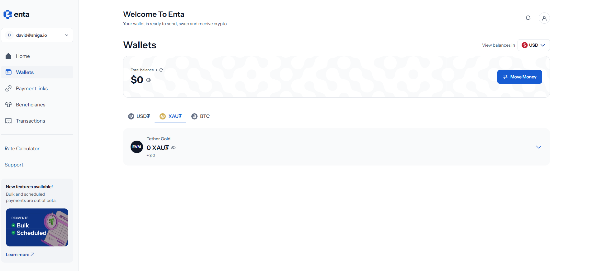The XAU₮ tab on the Wallets page