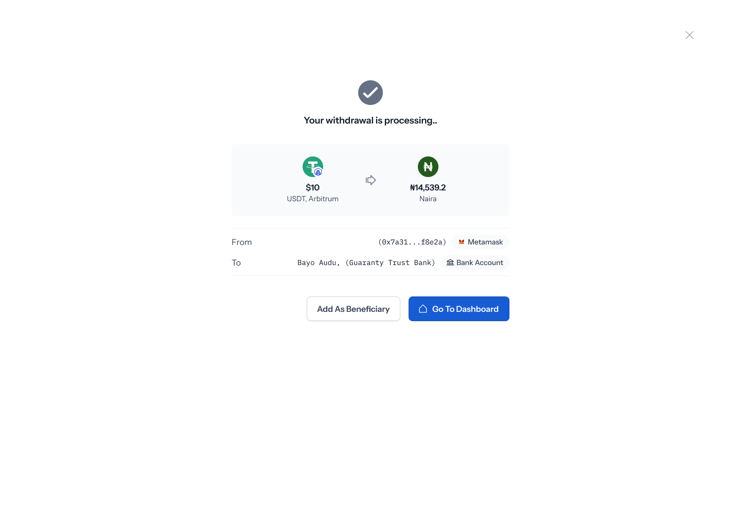 Withdrawal confirmation