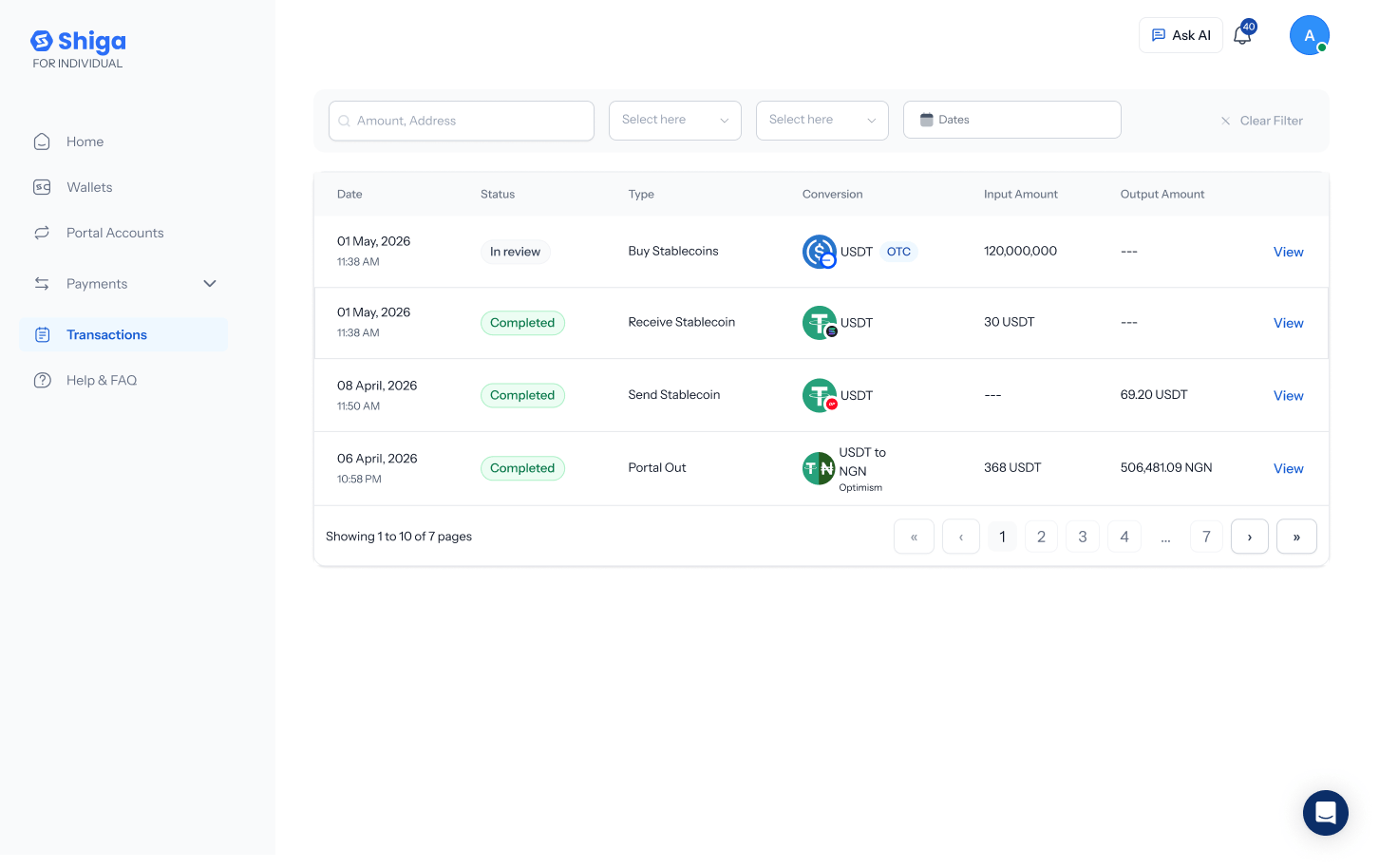 Transaction history