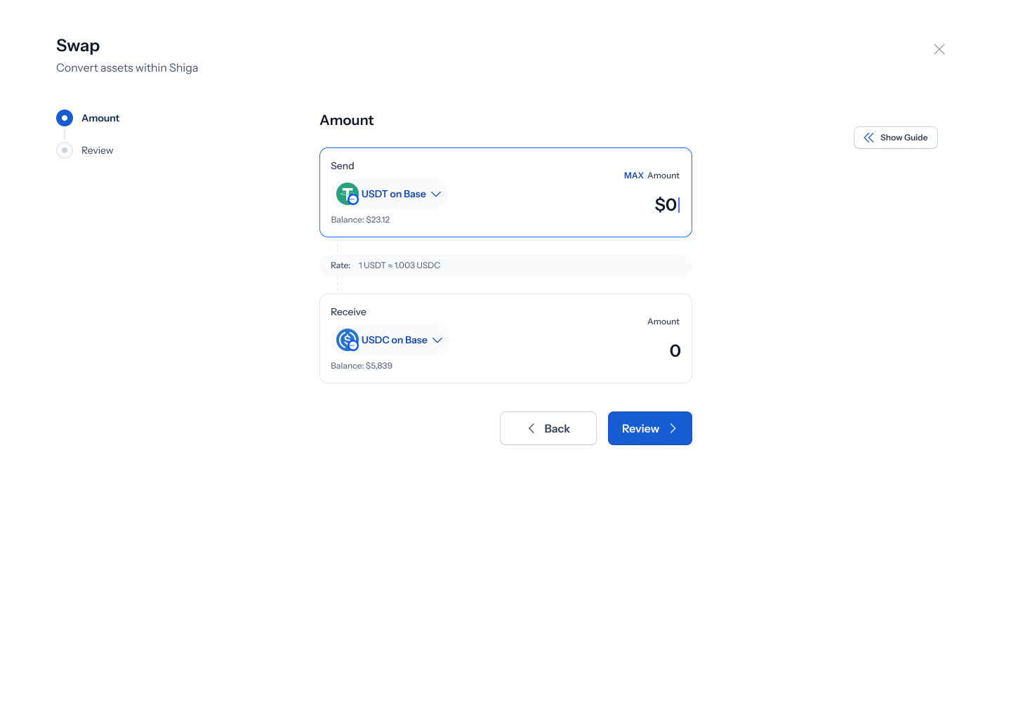 Swap amount filled in