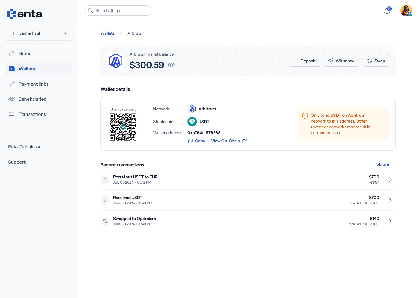 A single network's wallet, with the deposit details panel