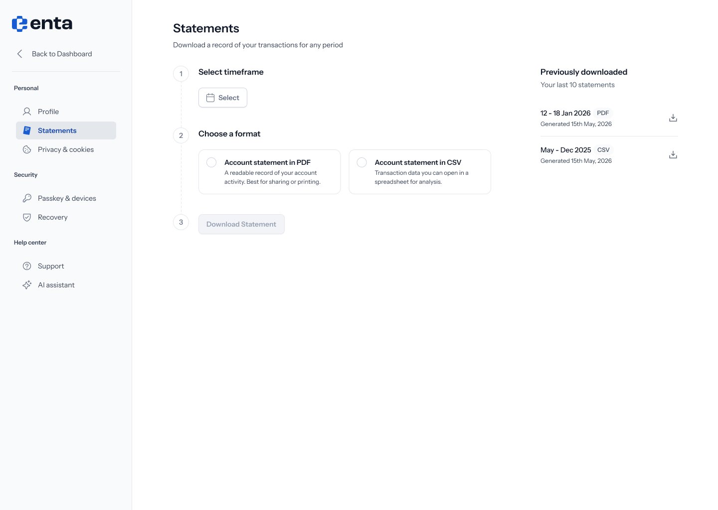 Statements — date range selected