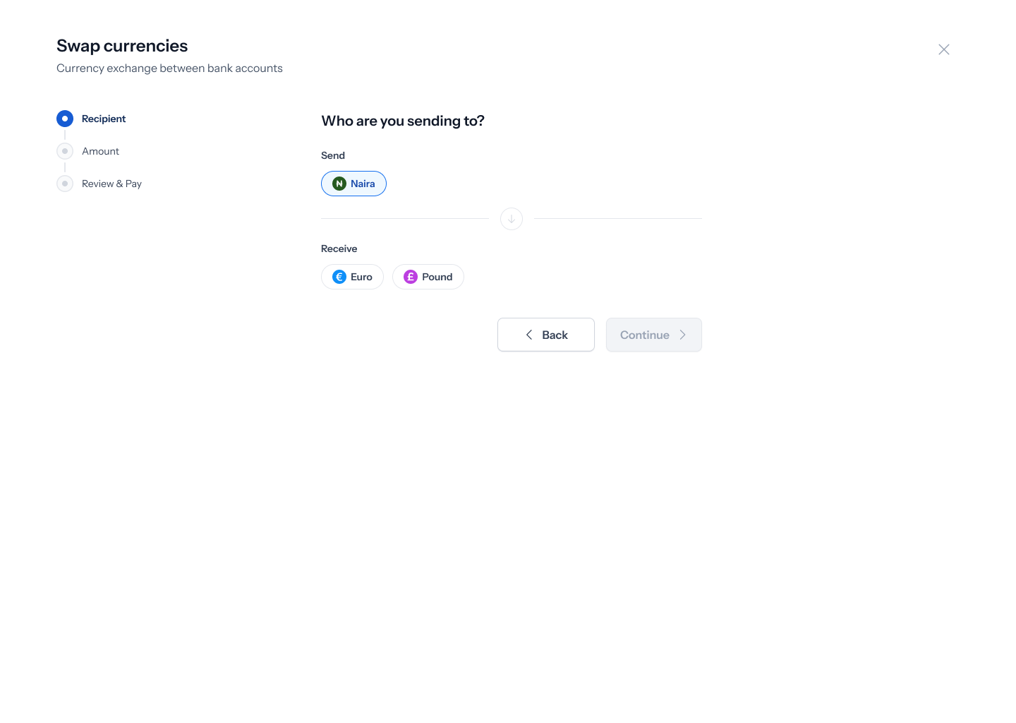 Recipient step — choose currencies