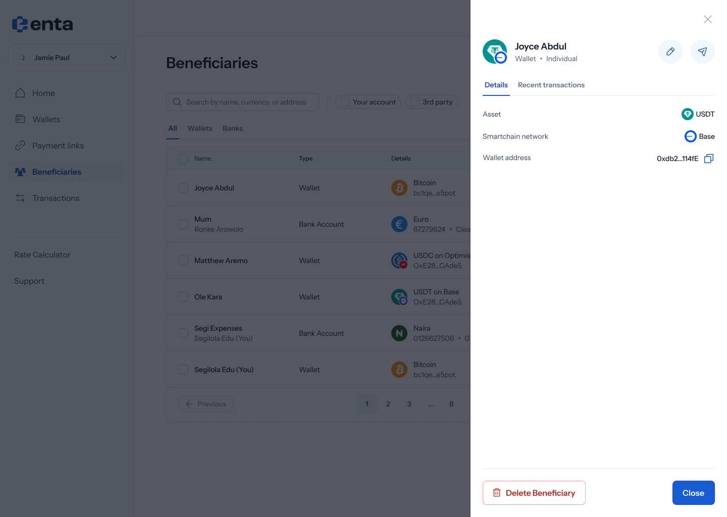 Wallet beneficiary details