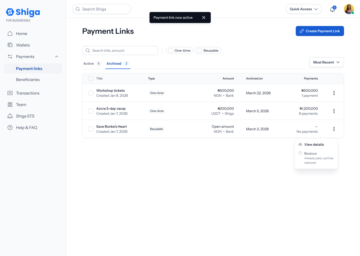 Payment link restored toast