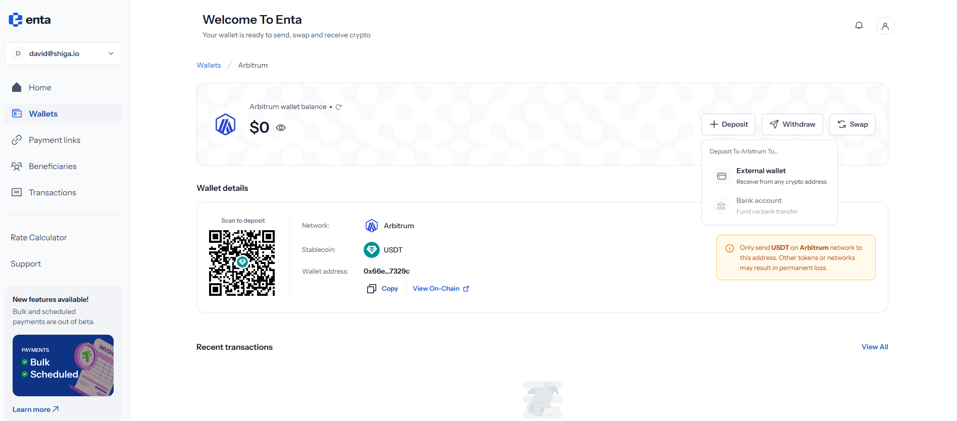 The Deposit menu on an EVM wallet