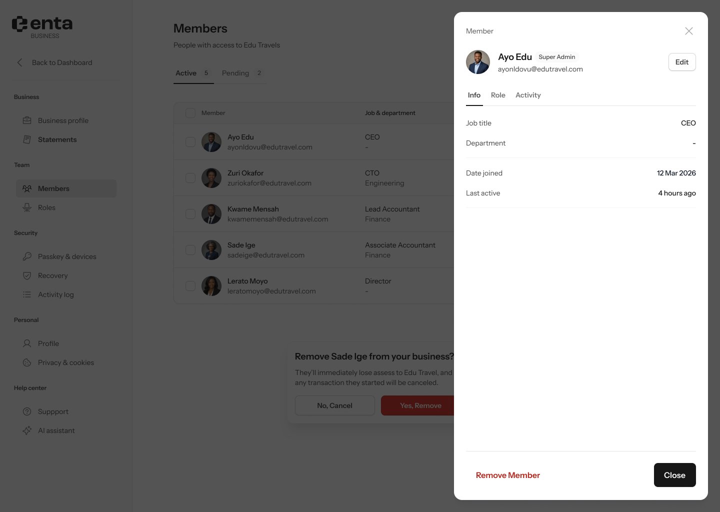 Manage member — info