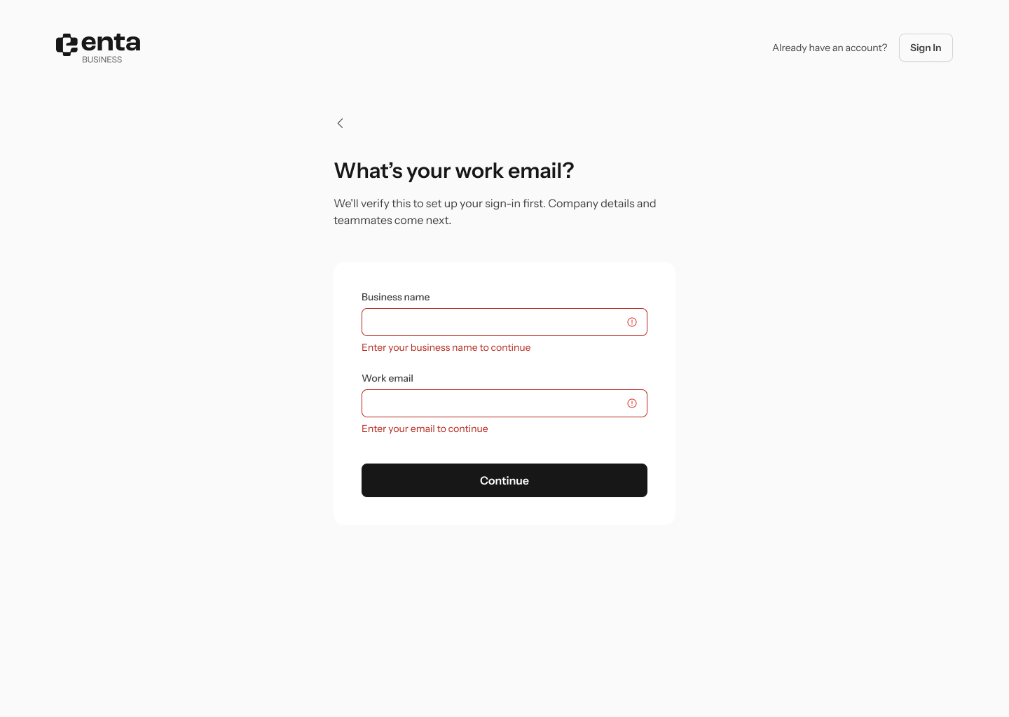 Validation errors on the business email step