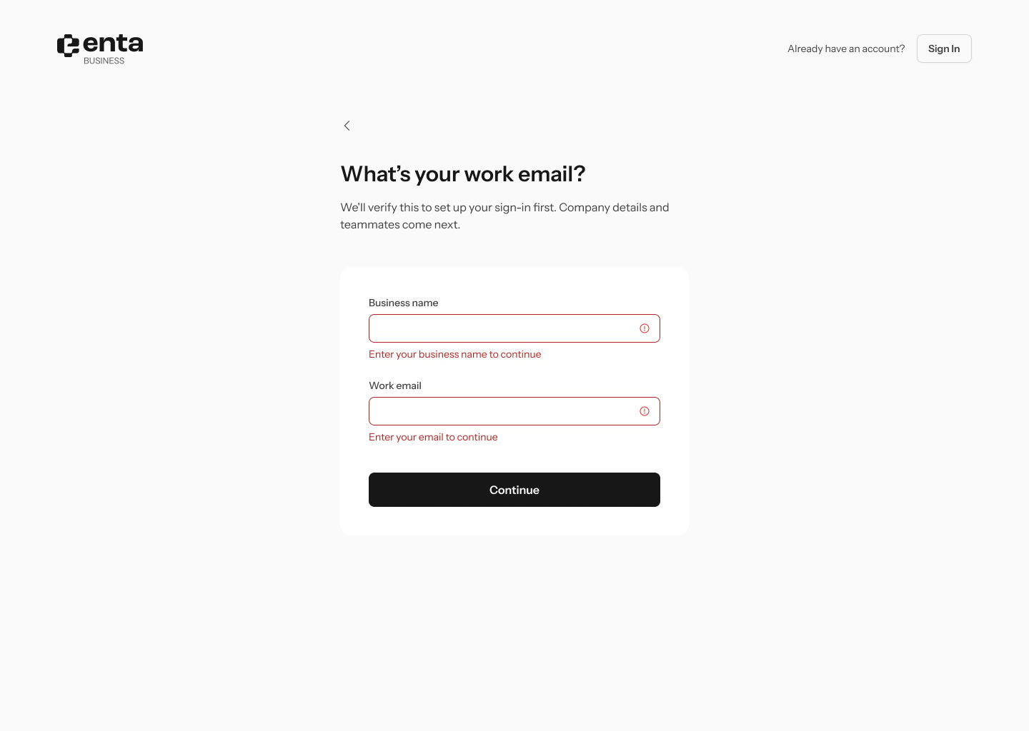Validation errors on the business email step