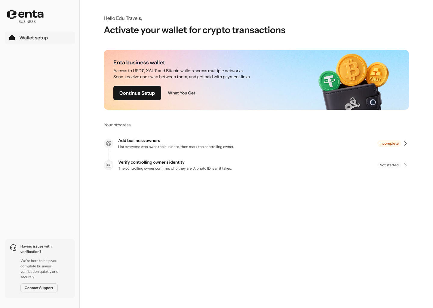 Wallet setup with the progress checklist