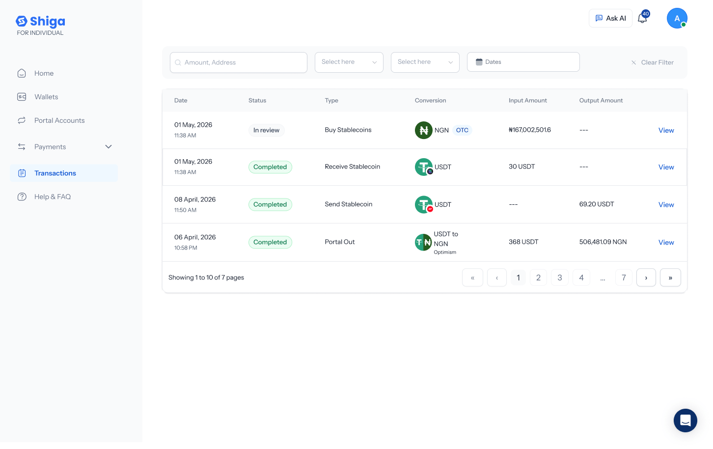 Transaction history
