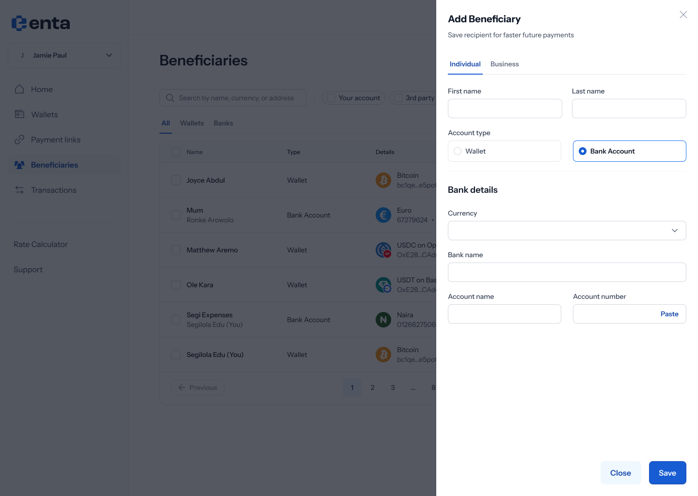 Add a bank account beneficiary, empty