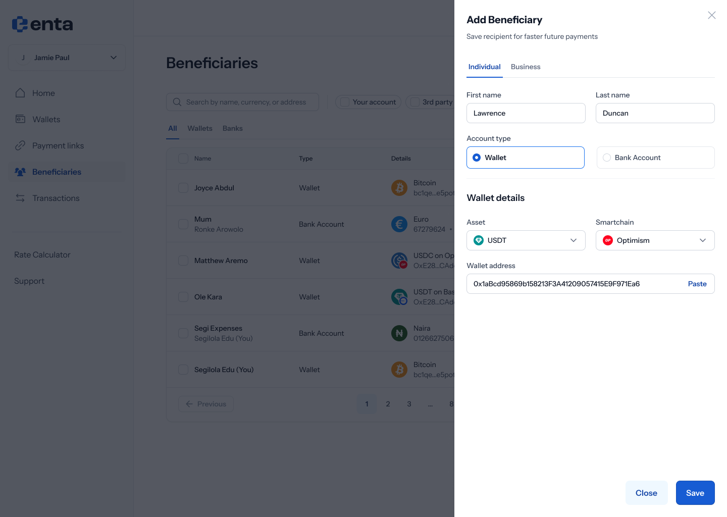 Add a wallet beneficiary, filled