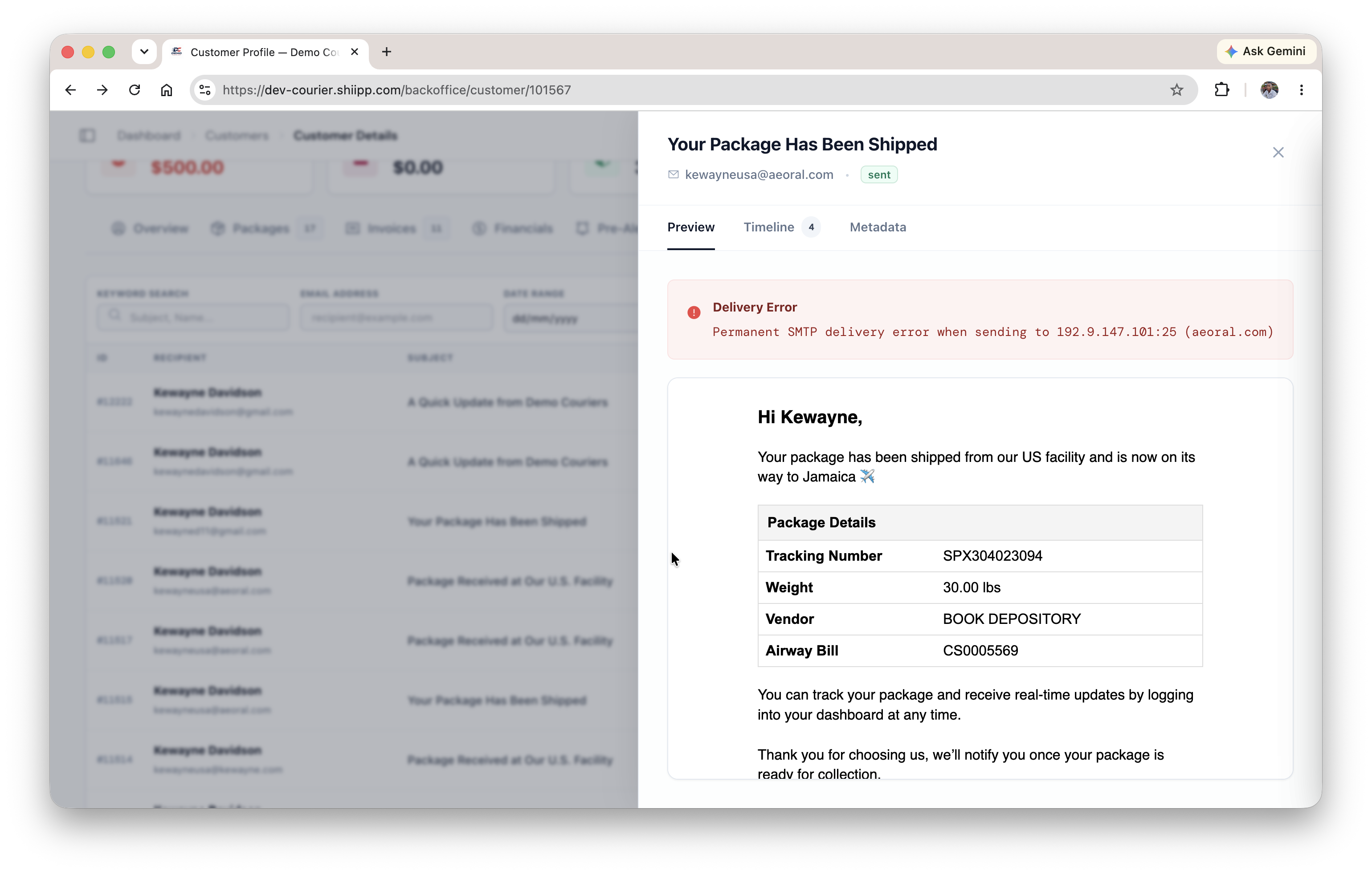 Email log details with delivery error