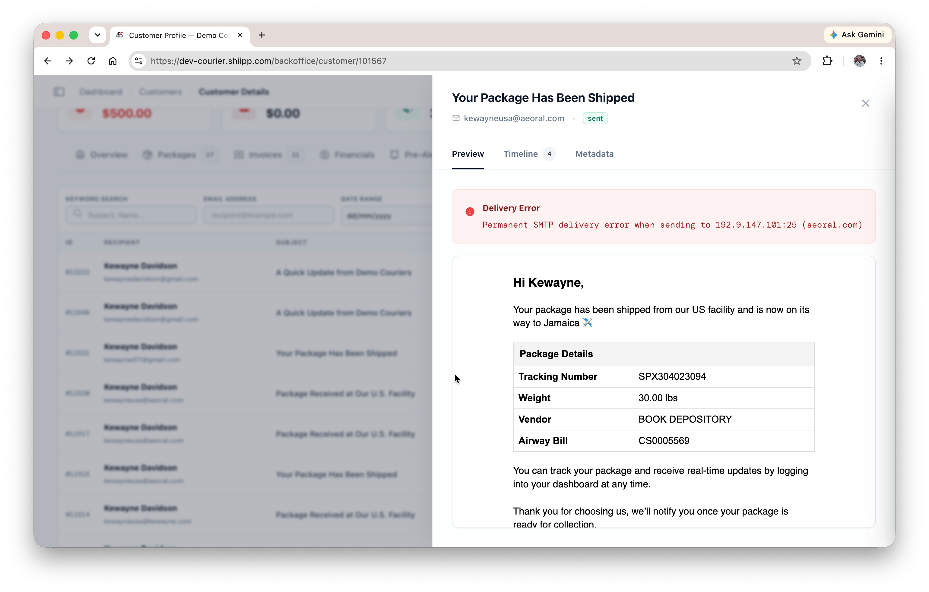 Email log details with delivery error